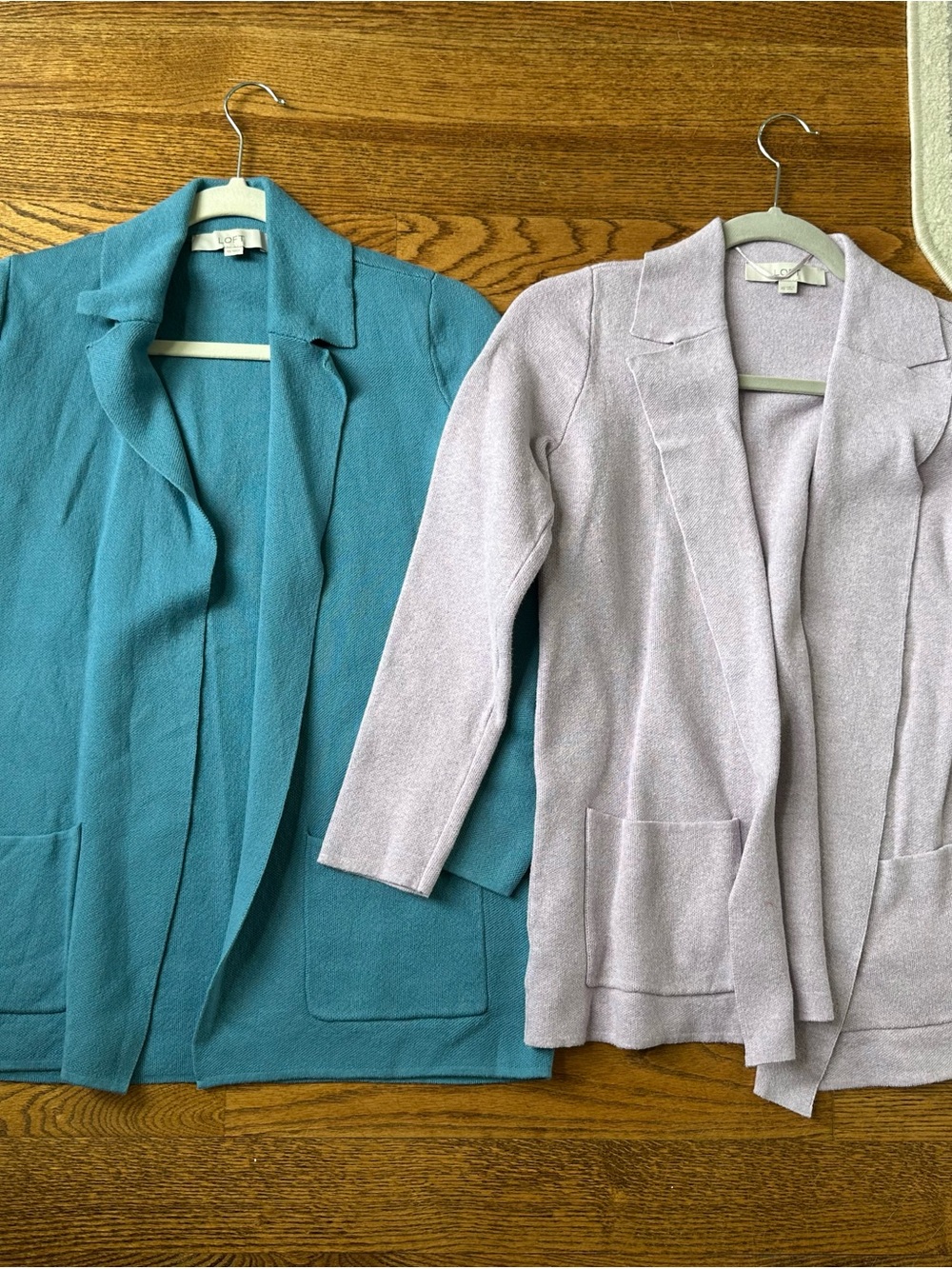 LOFT Open-Front Knit Cardigans in Teal and Light Lavender